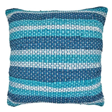 SARO 4001.BL22SC 22 In. Square Chindi Pillow Cover With Blue Striped Design